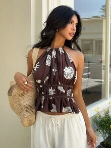 Aloruh Women's Brown And White Polka Dot Shell Embroidery Backless Halter Top,Summer Boho Beach Holiday Vacation Outfits,Y2K 2000s Style Tropical Cute Tops - Coffee Brown - View 8