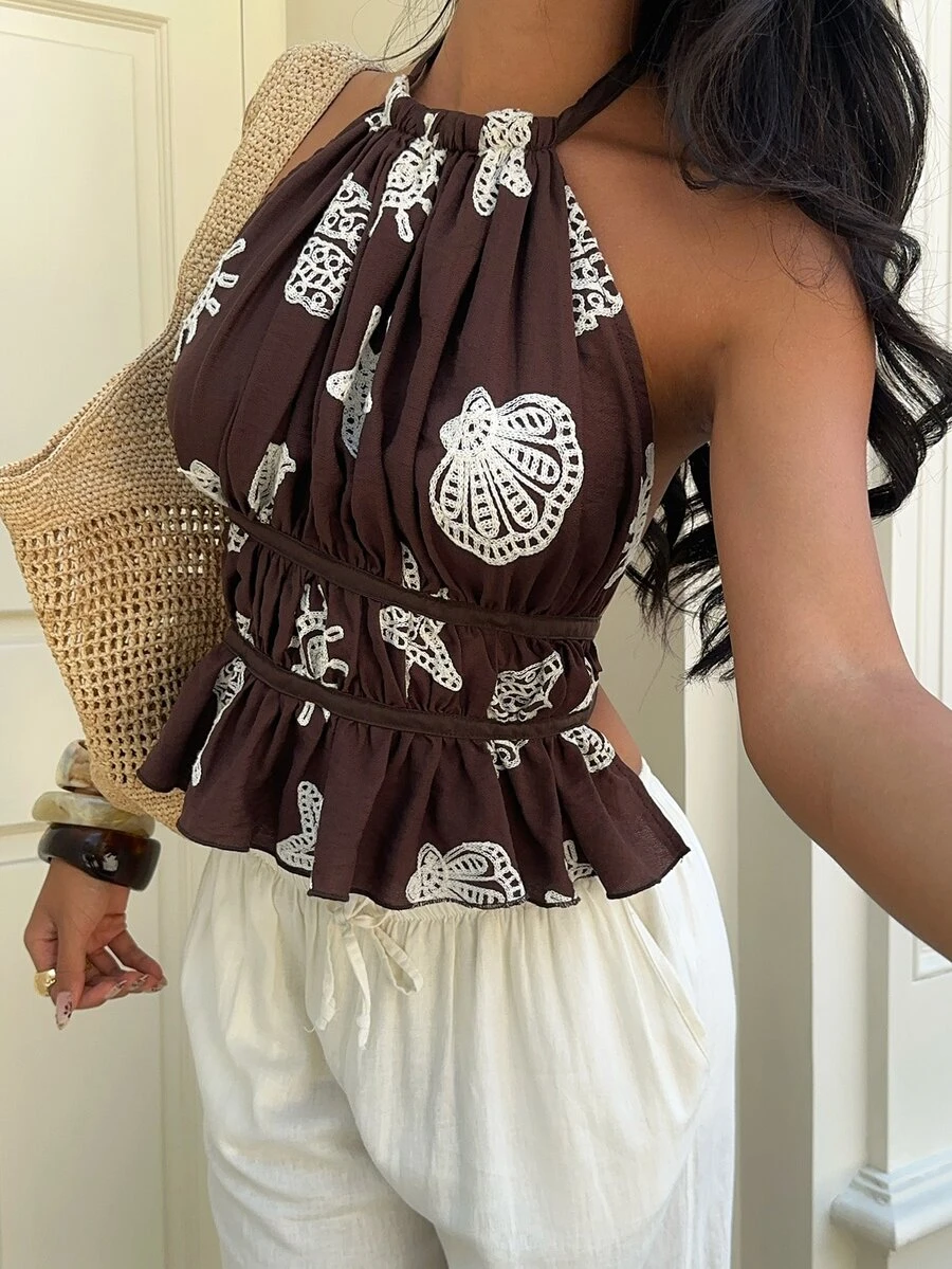 Aloruh Women's Brown And White Polka Dot Shell Embroidery Backless Halter Top,Summer Boho Beach Holiday Vacation Outfits,Y2K 2000s Style Tropical Cute Tops - Coffee Brown - View 1