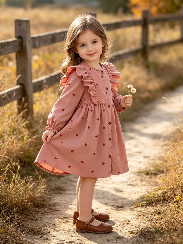 Elladie kids Toddler Girl 4-7Y Heart Print Ruffle Trim Corduroy Long Sleeve Button Front A-Line Dress 7th Birthday Autumn Fairy