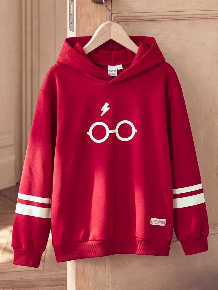 PrepCrw HARRY POTTER X SHEIN Tween Boy Glasses Pattern Kids Print Long Sleeve Hooded Autumn Sweatshirt For Back To School And Outings - Burgundy - View 1