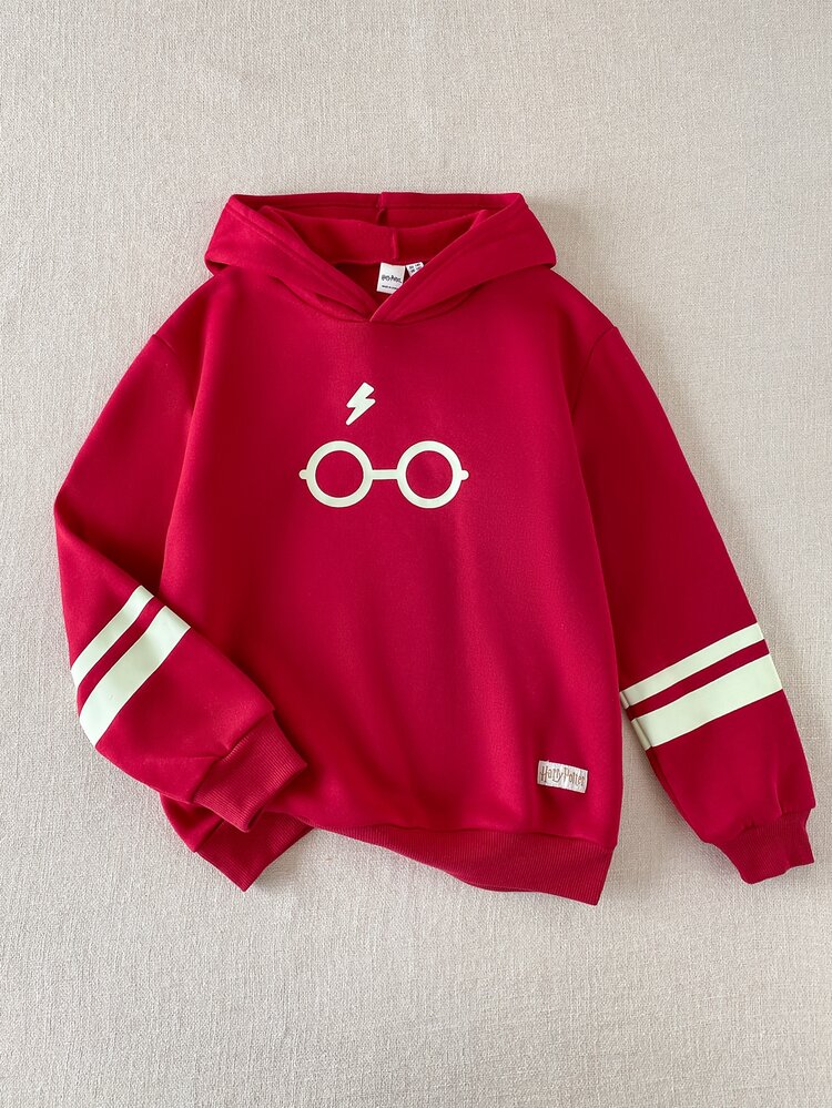 PrepCrw HARRY POTTER X SHEIN Tween Boy Glasses Pattern Kids Print Long Sleeve Hooded Autumn Sweatshirt For Back To School And Outings - Burgundy - View 6