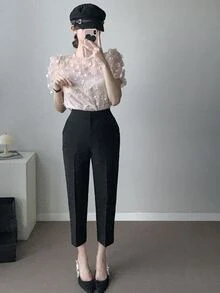 DAZY 女式纯色修身弹力直筒九分裤，黑色，四季皆宜，秋季女式正装裤 - 黑色 - 查看 7