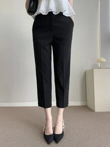 DAZY 女式纯色修身弹力直筒九分裤，黑色，四季皆宜，秋季女式正装裤 - 黑色 - 查看 4