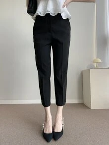 DAZY 女式纯色修身弹力直筒九分裤，黑色，四季皆宜，秋季女式正装裤 - 黑色 - 查看 8