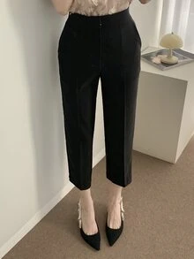 DAZY 女式纯色修身弹力直筒九分裤，黑色，四季皆宜，秋季女式正装裤 - 黑色 - 查看 3