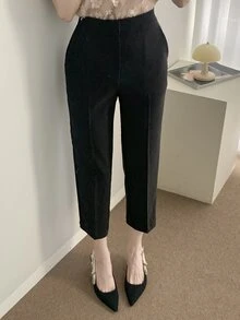 DAZY 女式纯色修身弹力直筒九分裤，黑色，四季皆宜，秋季女式正装裤 - 黑色 - 查看 9