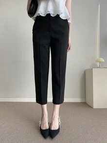 DAZY 女式纯色修身弹力直筒九分裤，黑色，四季皆宜，秋季女式正装裤 - 黑色 - 查看 1