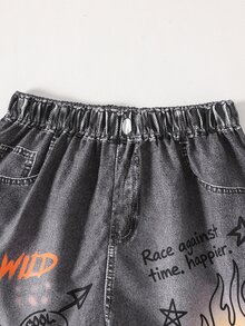 2件組小男孩休閒街頭風熊圖案短袖圓領T恤與牛仔風短褲套裝，適合夏季日常休閒穿著、度假海灘假期，夏季兒童套裝 - 黑色 - 查看 5