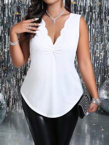 Femmeverse Women Versatile Waist Cinching Ruffle Collar Knit Tank Top - White - View 5