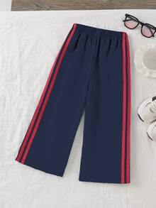 Genkimix Kids Young Girl Colorblock Striped Wide Leg Pants - Royal Blue - View 2