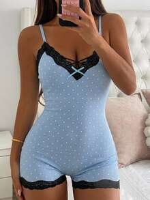 DAZY Women's Lace Patchwork Polka Dot Fitted Sleeveless Short Romper Pajamas - Navy Blue - View 1