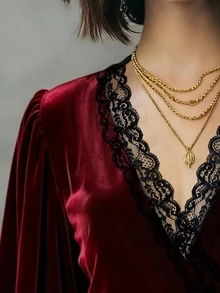EMERY ROSE Lace Trim Lantern Sleeve Velvet Blouse Halloween Party Dinner Going Out Night Out Black And Red Autumn Sexy Elegant - Burgundy - View 3