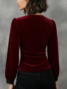 EMERY ROSE Lace Trim Lantern Sleeve Velvet Blouse Halloween Party Dinner Going Out Night Out Black And Red Autumn Sexy Elegant - Burgundy - View 2