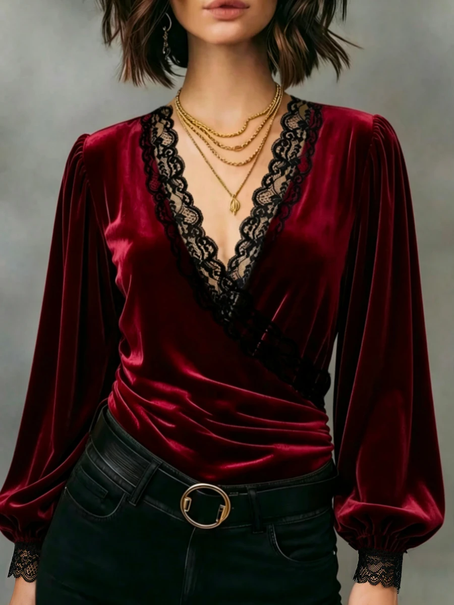 EMERY ROSE Lace Trim Lantern Sleeve Velvet Blouse Halloween Party Dinner Going Out Night Out Black And Red Autumn Sexy Elegant - Burgundy - View 1