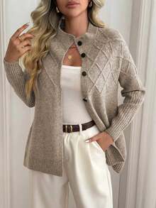 Sprig & Strand Women's Vintage Fashion Button Long Sleeve Knit Cardigan - Khaki - View 4