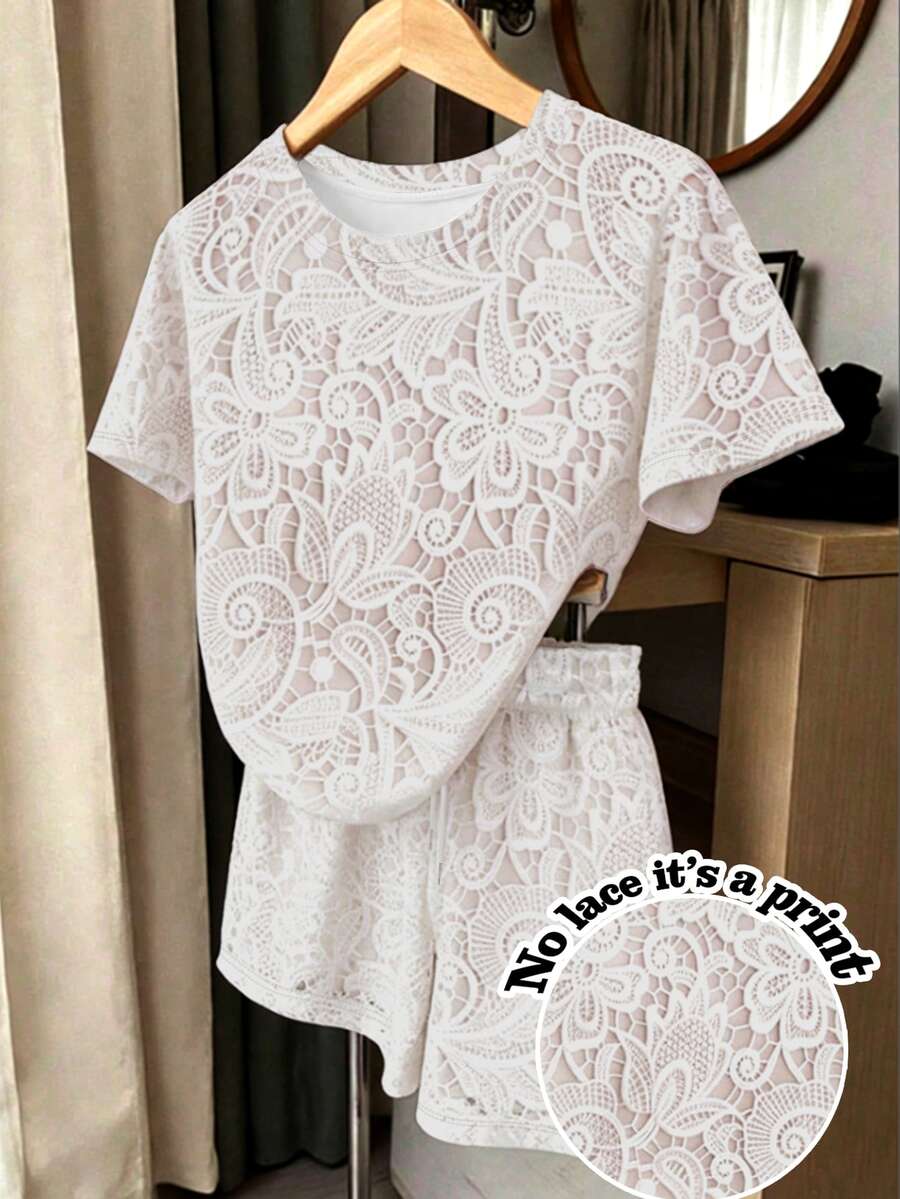 Resyla Setelan 2 potong untuk wanita, terdiri dari atasan lengan pendek dan celana pendek, cocok untuk pemakaian sehari-hari kasual. - MultiWarna - View 1