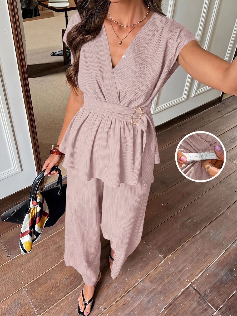 SHEIN Maternity Solid Color Ruched Top And Adjustable Waist Long Pants ...