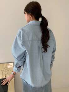 DAZY Light Wash Blue Denim Lapel Pocket Loose Long Sleeve Jacket, Spring/Summer/Autumn - Light Wash - View 2