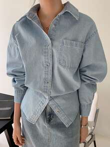 DAZY Light Wash Blue Denim Lapel Pocket Loose Long Sleeve Jacket, Spring/Summer/Autumn - Light Wash - View 5