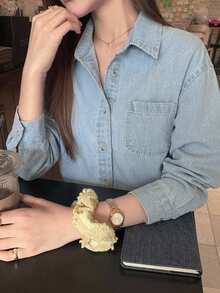DAZY Light Wash Blue Denim Lapel Pocket Loose Long Sleeve Jacket, Spring/Summer/Autumn - Light Wash - View 8