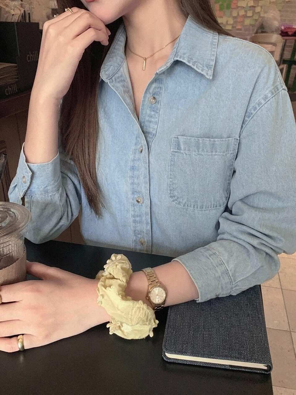Light Wash Blue Denim Lapel Pocket Loose Long Sleeve Jacket, Spring/Summer/Autumn