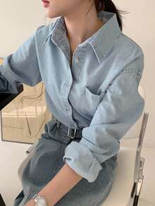 DAZY Light Wash Blue Denim Lapel Pocket Loose Long Sleeve Jacket, Spring/Summer/Autumn - Light Wash - View 4