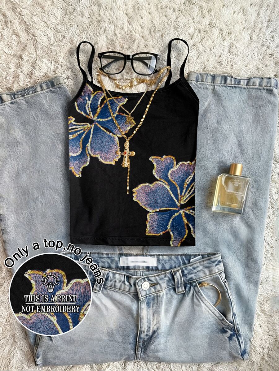INAWLY Y2K Vintage Hibiscus Floral Print Graphic Strap Sleeveless Tank Top Summer Party Going Out Top - Multicolor - View 1