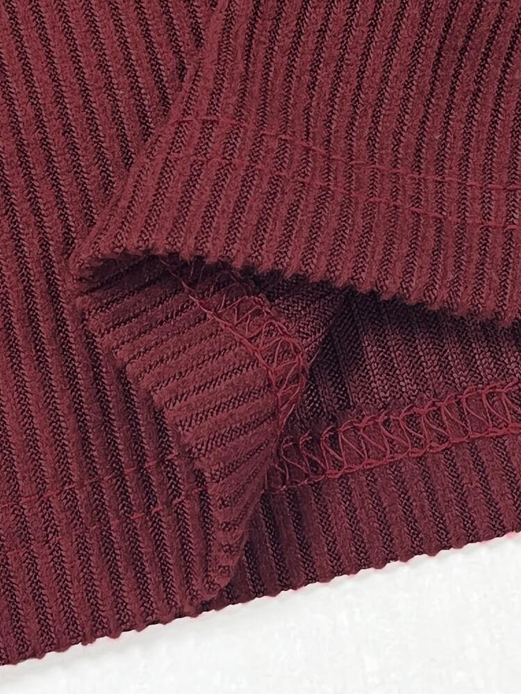 Balvessa Solid Rib-Knit Half Zip Tee Everyday Travel Burgundy Autumn Casual - Burgundy - View 3