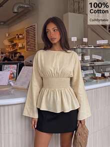 Siren Gaze Women's 100% Cotton Elastic Waist Pleated Blouse, Ruffle Top, Long Sleeve, Loose Casual Shirt, Autumn - Apricot - View 7