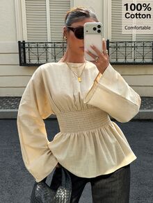 Siren Gaze Women's 100% Cotton Elastic Waist Pleated Blouse, Ruffle Top, Long Sleeve, Loose Casual Shirt, Autumn - Apricot - View 6