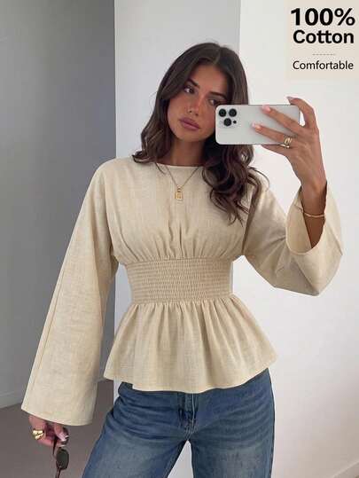 Siren Gaze Women's 100% Cotton Elastic Waist Pleated Blouse, Ruffle Top, Long Sleeve, Loose Casual Shirt, Autumn