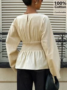 Siren Gaze Women's 100% Cotton Elastic Waist Pleated Blouse, Ruffle Top, Long Sleeve, Loose Casual Shirt, Autumn - Apricot - View 3