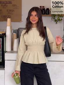 Siren Gaze Women's 100% Cotton Elastic Waist Pleated Blouse, Ruffle Top, Long Sleeve, Loose Casual Shirt, Autumn - Apricot - View 8