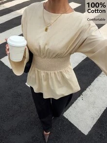 Siren Gaze Women's 100% Cotton Elastic Waist Pleated Blouse, Ruffle Top, Long Sleeve, Loose Casual Shirt, Autumn - Apricot - View 10