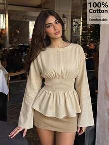 Siren Gaze Women's 100% Cotton Elastic Waist Pleated Blouse, Ruffle Top, Long Sleeve, Loose Casual Shirt, Autumn - Apricot - View 5
