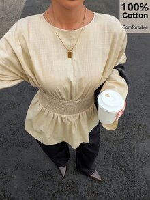 Siren Gaze Women's 100% Cotton Elastic Waist Pleated Blouse, Ruffle Top, Long Sleeve, Loose Casual Shirt, Autumn - Apricot - View 9