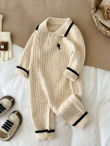 LMoss Kids Baby Boy Knitted Colorblock Collared Half-Button Casual Autumn Sweater Romper - Apricot - View 5
