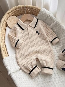 LMoss Kids Baby Boy Knitted Colorblock Collared Half-Button Casual Autumn Sweater Romper - Apricot - View 1