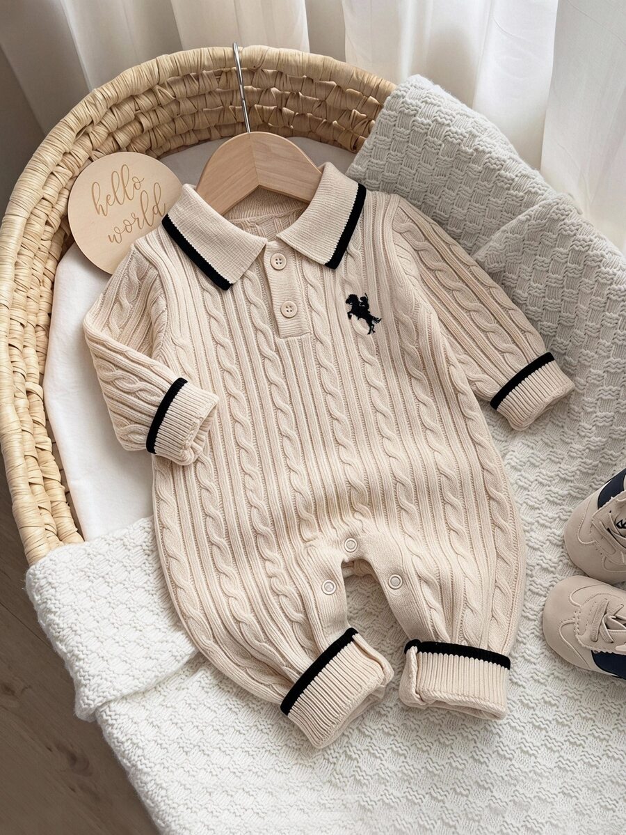 LMoss Kids Baby Boy Knitted Colorblock Collared Half-Button Casual Autumn Sweater Romper - Apricot - View 1