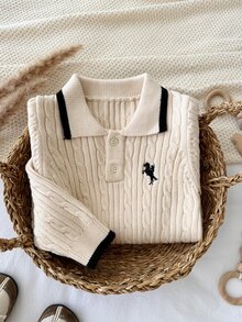 LMoss Kids Baby Boy Knitted Colorblock Collared Half-Button Casual Autumn Sweater Romper - Apricot - View 4