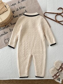 LMoss Kids Baby Boy Knitted Colorblock Collared Half-Button Casual Autumn Sweater Romper - Apricot - View 2