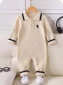 LMoss Kids Baby Boy Knitted Colorblock Collared Half-Button Casual Autumn Sweater Romper - Apricot - View 3