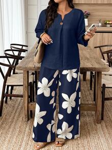 Weeklong 2pcs/Set Plus Size Women Casual Solid Color Long Sleeve Shirt And Floral Printed Pants - Multicolor - View 4