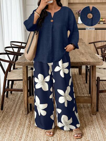Weeklong 2pcs/Set Plus Size Women Casual Solid Color Long Sleeve Shirt And Floral Printed Pants