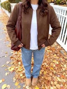 SHEIN LUNE Casual Women's Autumn/Winter Flight Jacket Everyday Holiday Cafe Coffee Brown - Brown - View 3