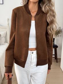 SHEIN LUNE Casual Women's Autumn/Winter Flight Jacket Everyday Holiday Cafe Coffee Brown - Brown - View 5