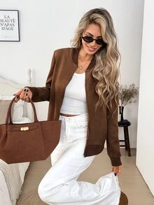 SHEIN LUNE Casual Women's Autumn/Winter Flight Jacket Everyday Holiday Cafe Coffee Brown - Brown - View 4