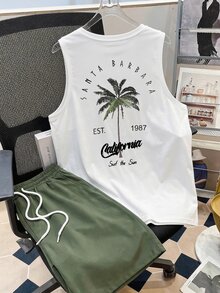 Daypath Men's White Summer Casual Vacation Holiday Coconut Tree Pattern Tank Top Knit Top And Woven Shorts Set,Men's 2-Piece Outfit For Swimming,Surfing - Multicolor - View 1