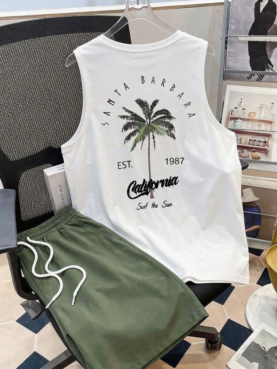 Daypath Men's White Summer Casual Vacation Holiday Coconut Tree Pattern Tank Top Knit Top And Woven Shorts Set,Men's 2-Piece Outfit For Swimming,Surfing - Multicolor - View 1