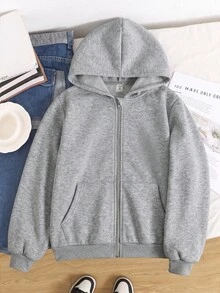 SHEIN Tween Girl Autumn/Winter Daily Tween Girl Long Sleeve Hooded Jacket With Pockets - Grey - View 5